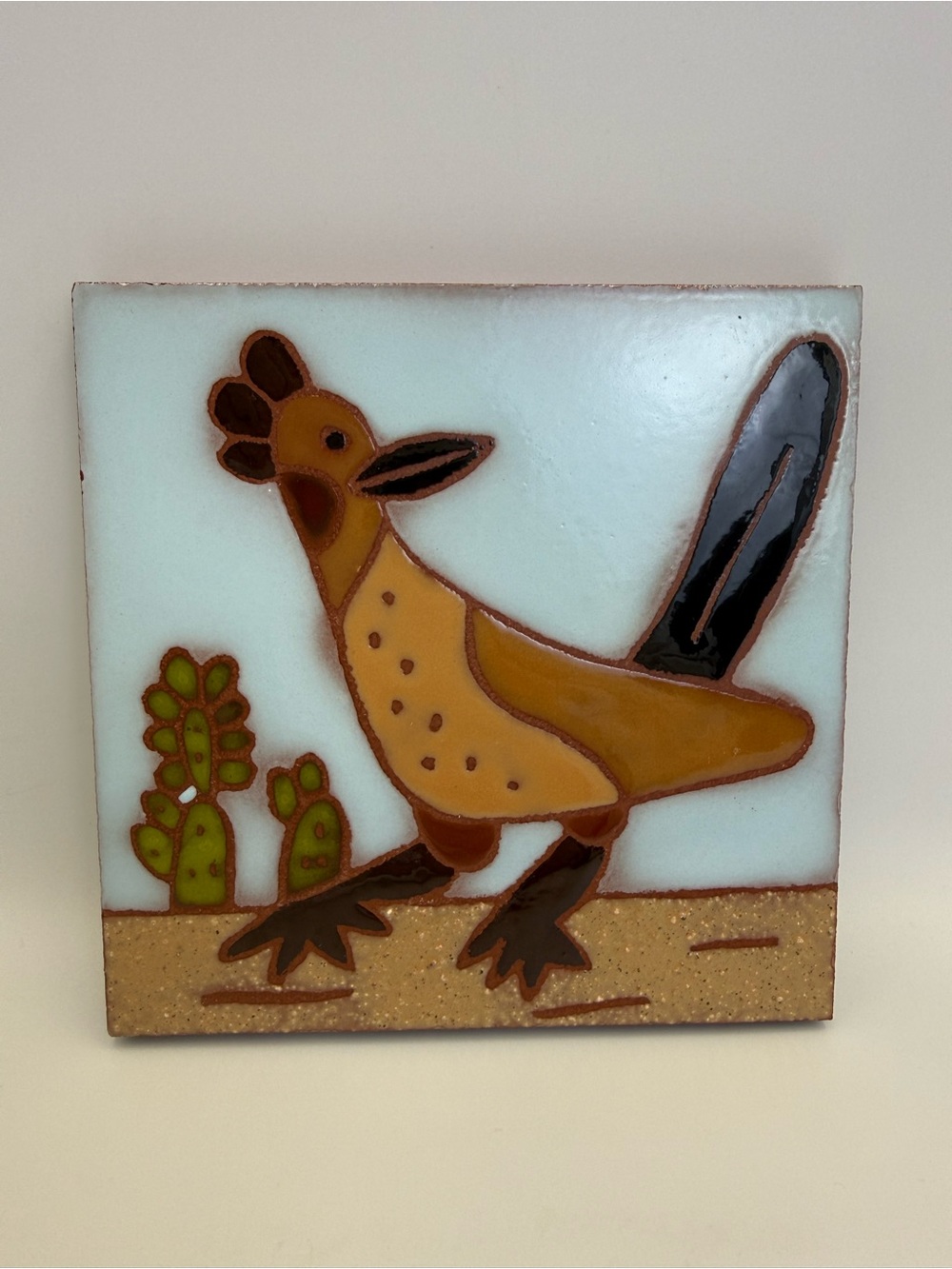 Vintage MCM Studio Pottery Roadrunner Trivet/ Tile, American Olean Quarry